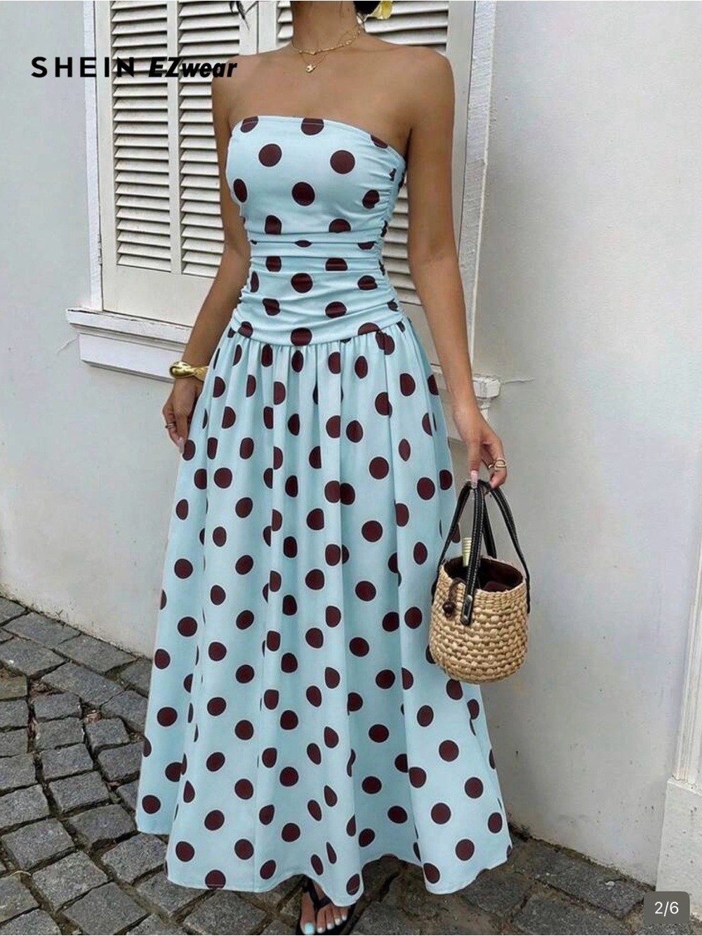 Strapless Polka Dot Maxi Dress in Light Blue and Brown